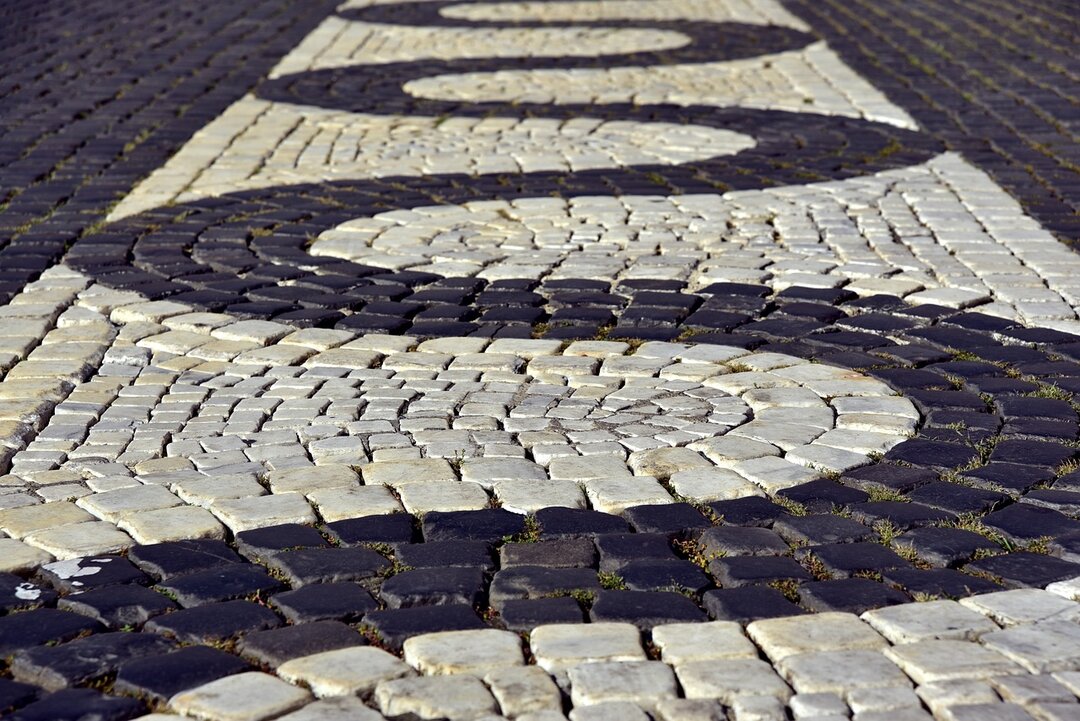 Pavés agencés au sol en forme de serpentin